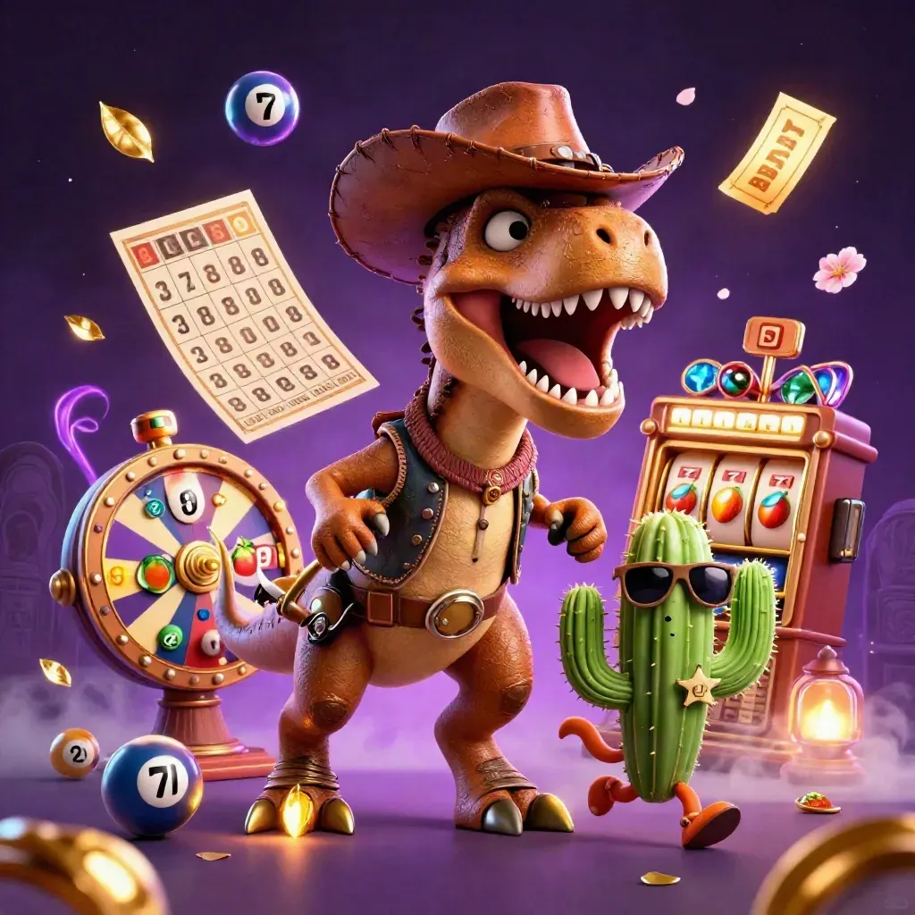 Cowboy T-Rex, cactus sidekick, and sheriff roadrunner amid casino loot and glowing gold.