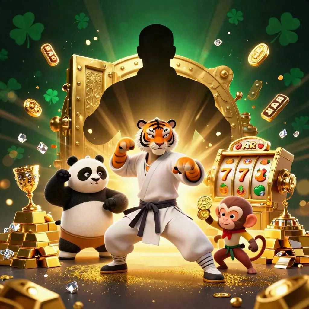 Tiger master, panda disciple and monkey student burst from a vault with gold, gems and reels.