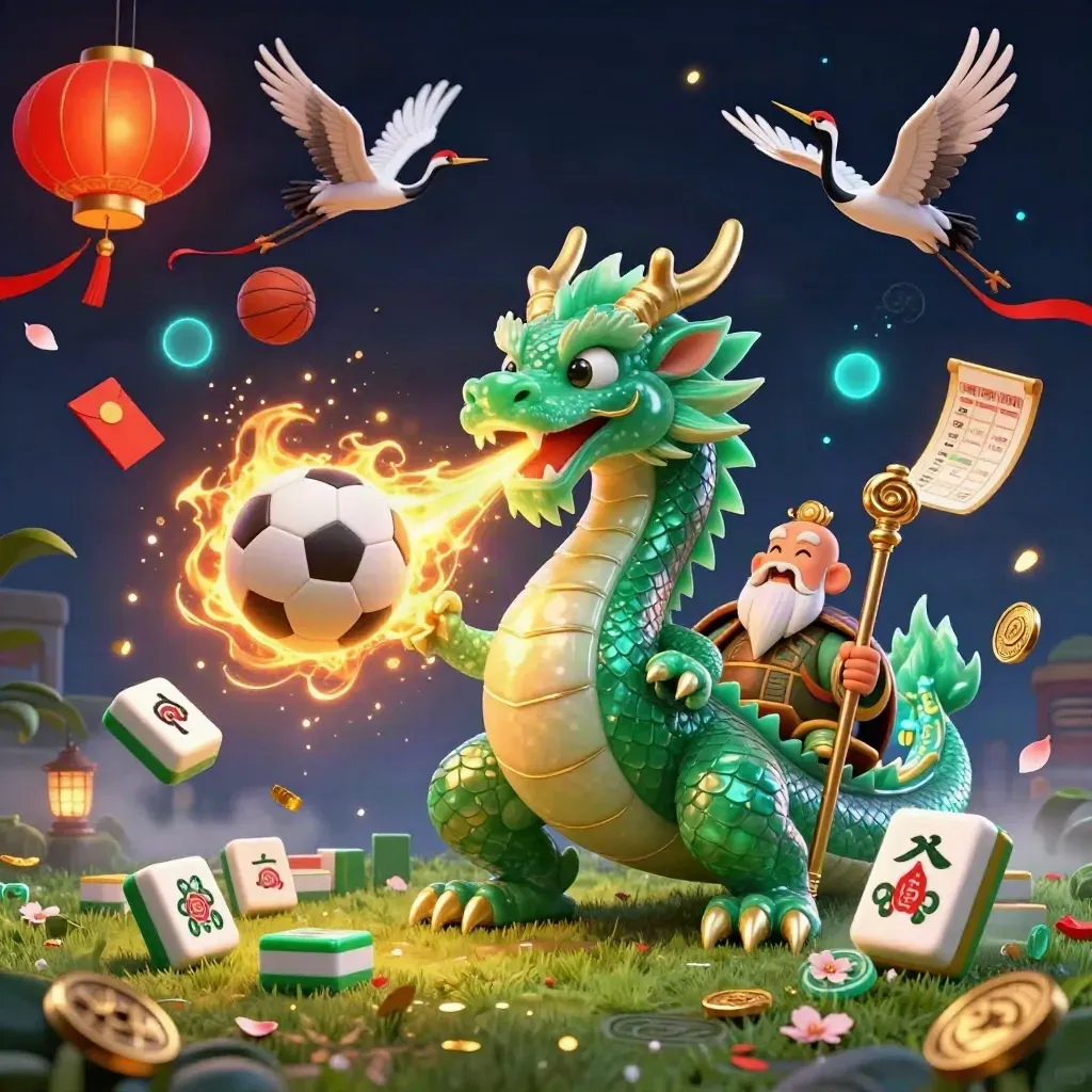 Emerald dragon, turtle sage and cranes amid gold fire, casino tiles, coins and sports balls.