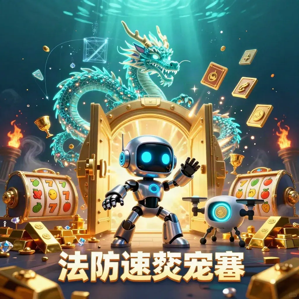 Robot, holographic dragon, and coin drone burst from a golden vault in a neon casino scene.