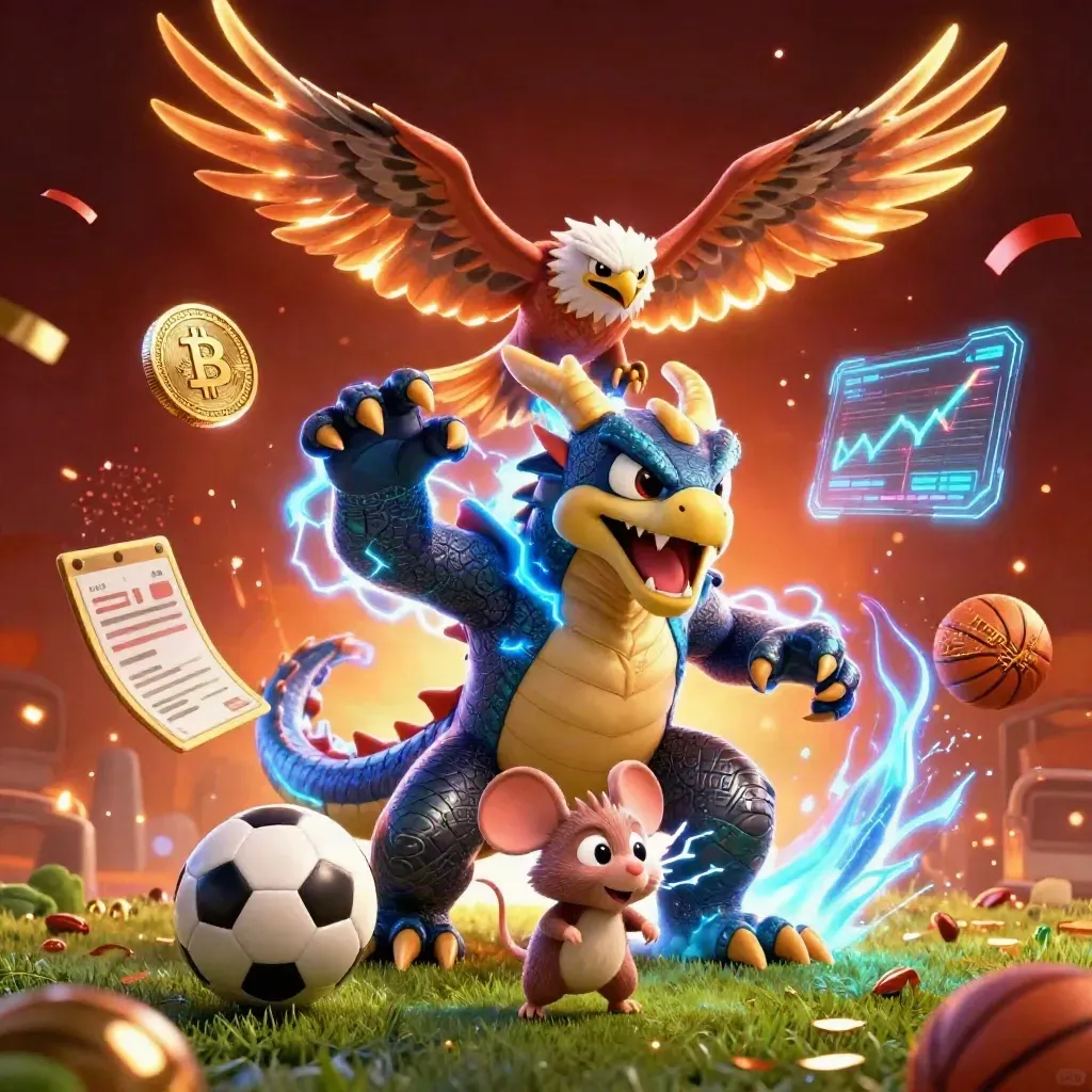 Thunder dragon, hawk, and static mouse with sports balls, crypto coins, and casino glow