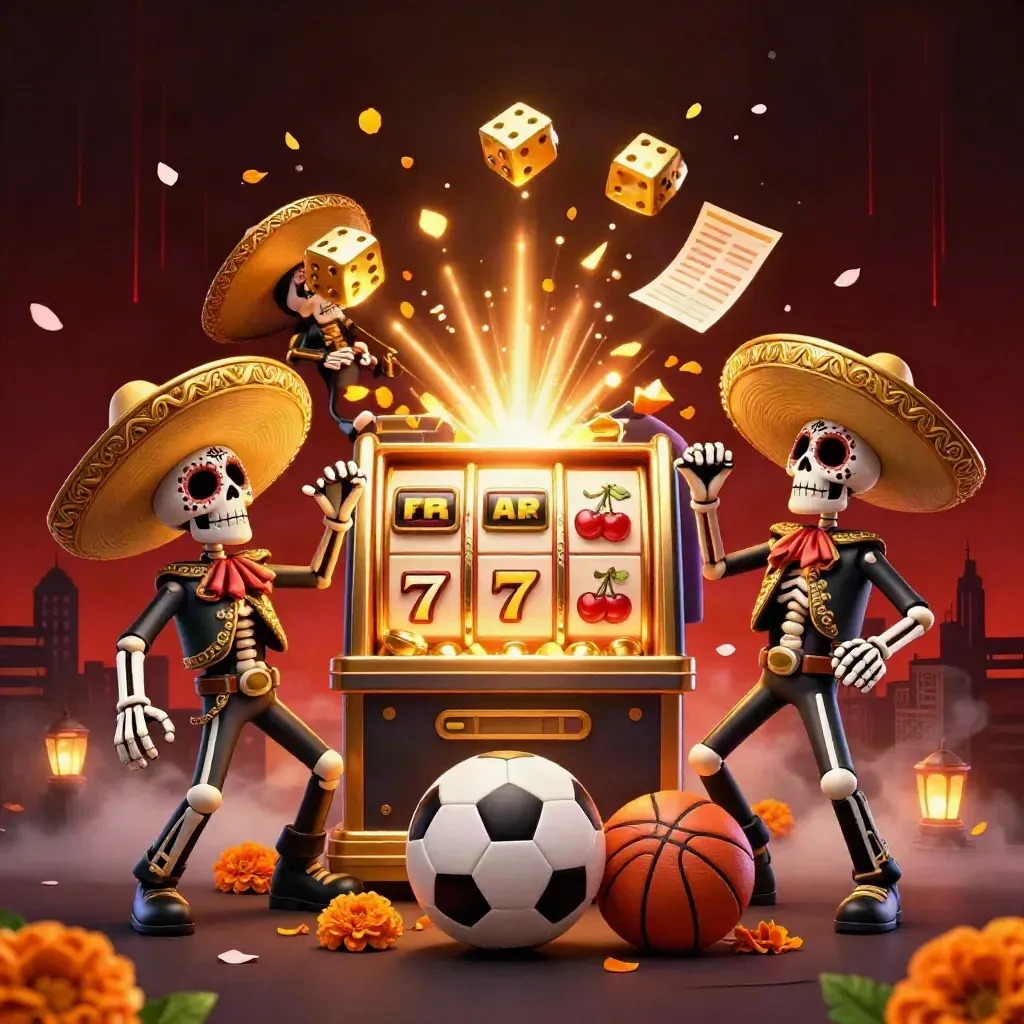 Skeleton mariachi trio amid gold slot bursts, dice, petals, and dark red casino haze.