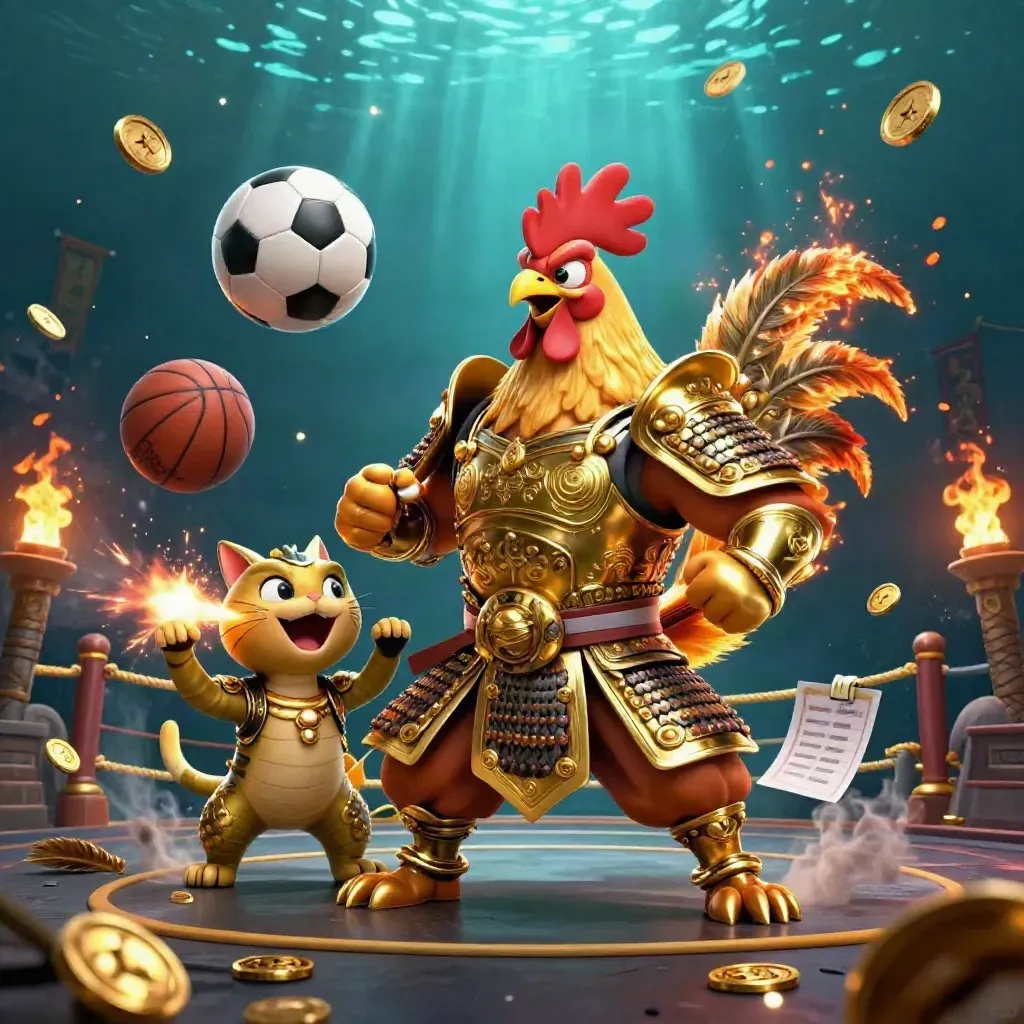 Rooster warrior, dragon hatchling and fortune-cat amid gold coins, sparks and sports balls.