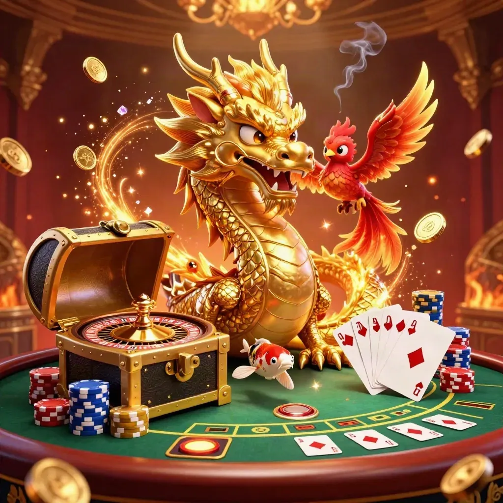 Golden dragon and phoenix coil around a treasure chest in a neon casino room, coins and gems exploding around them.