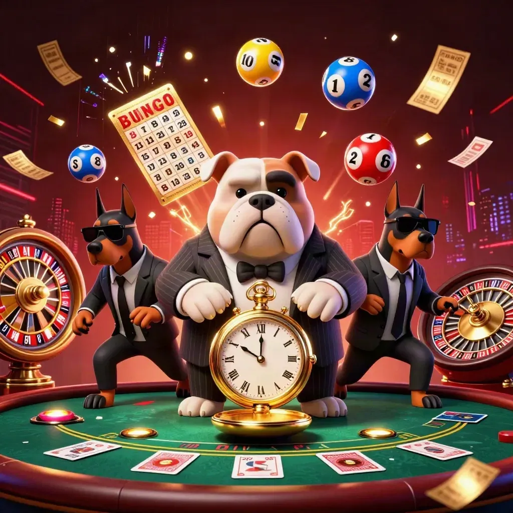 Mafia bulldog and Dobermans in a neon casino with flying lottery balls and gold glow.