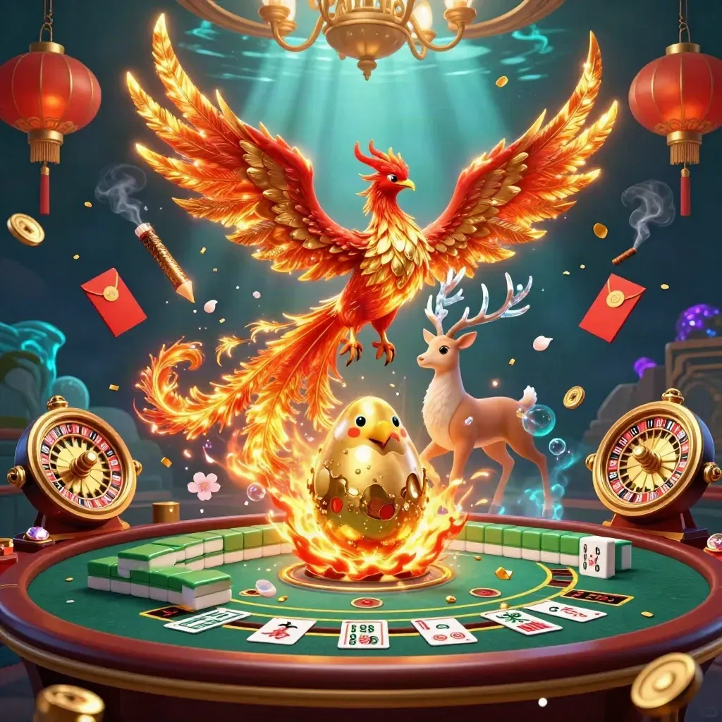 Phoenix, stag, and baby phoenix in a luxe underwater casino fantasy with glowing game elements