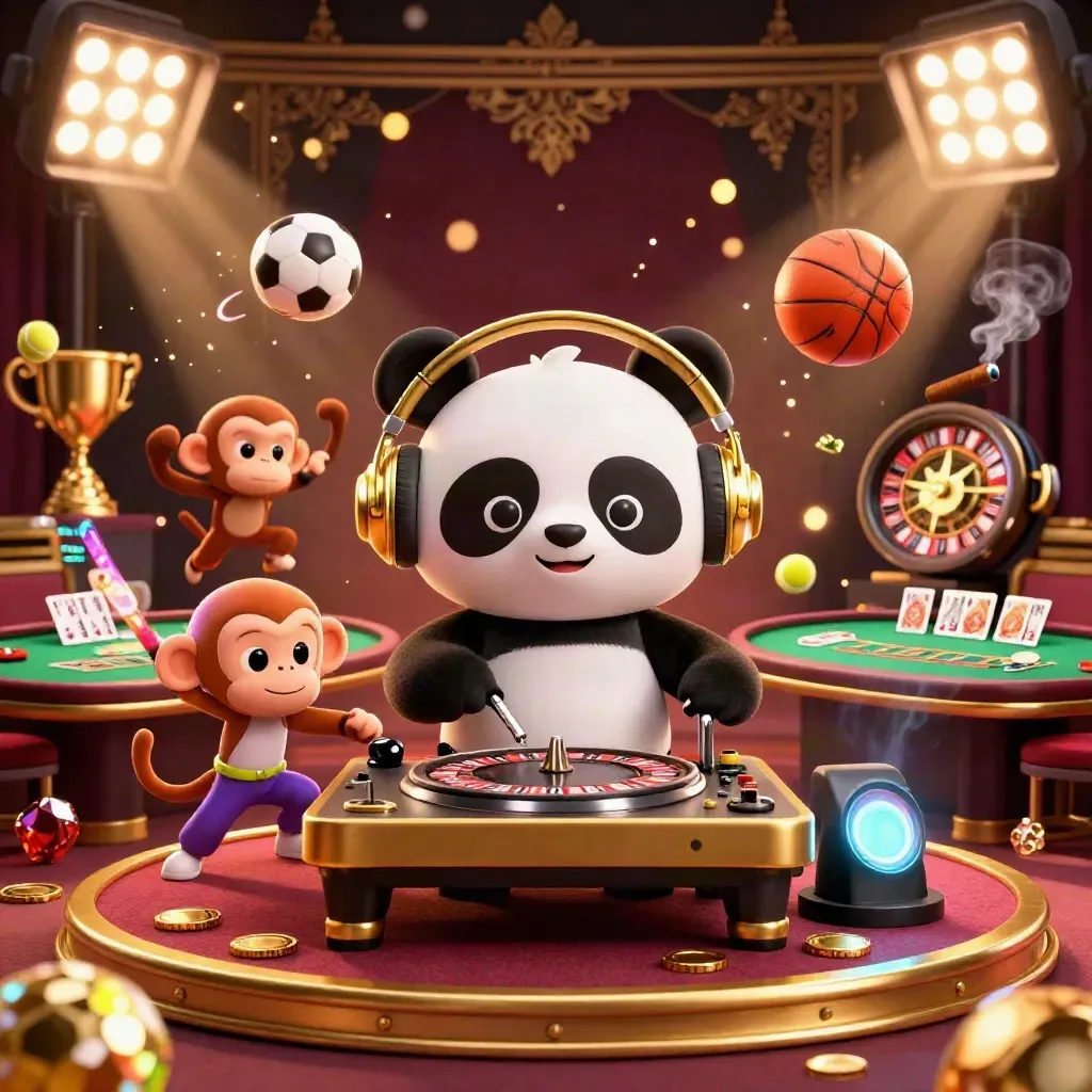 DJ panda, breakdancing monkey, and glow-stick kitten on a luxe casino stage with flying sports balls and gold glow