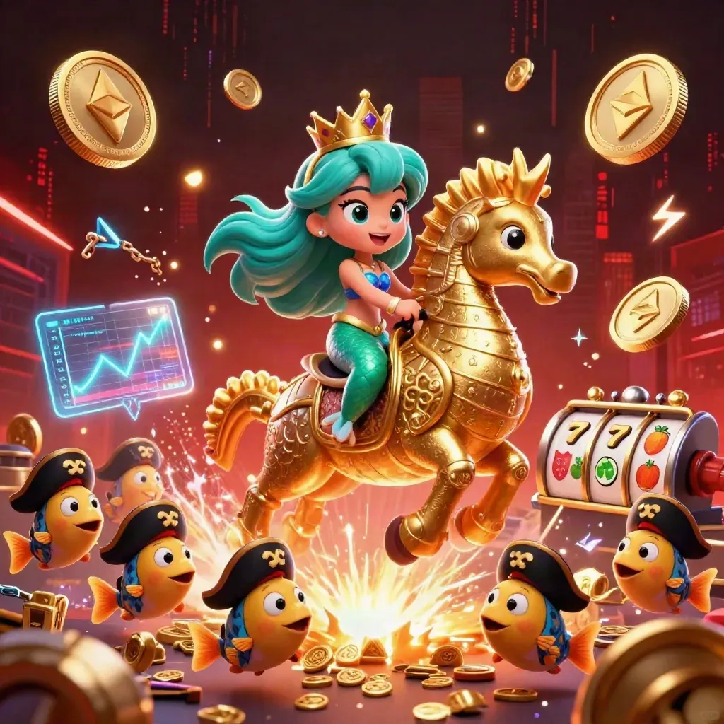 Mermaid princess on armored seahorse amid neon coins, pirate fish, and casino sparks.
