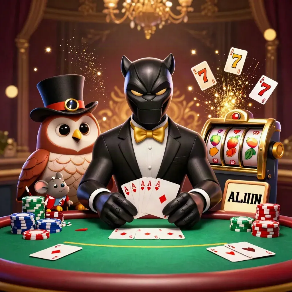 Panther, owl, and mouse gamble amid chips, aces, and emerald casino glow.