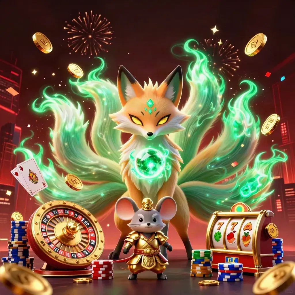 Nine-tailed fox spirit and armored mouse amid coins, gems, roulette wheel and fireworks