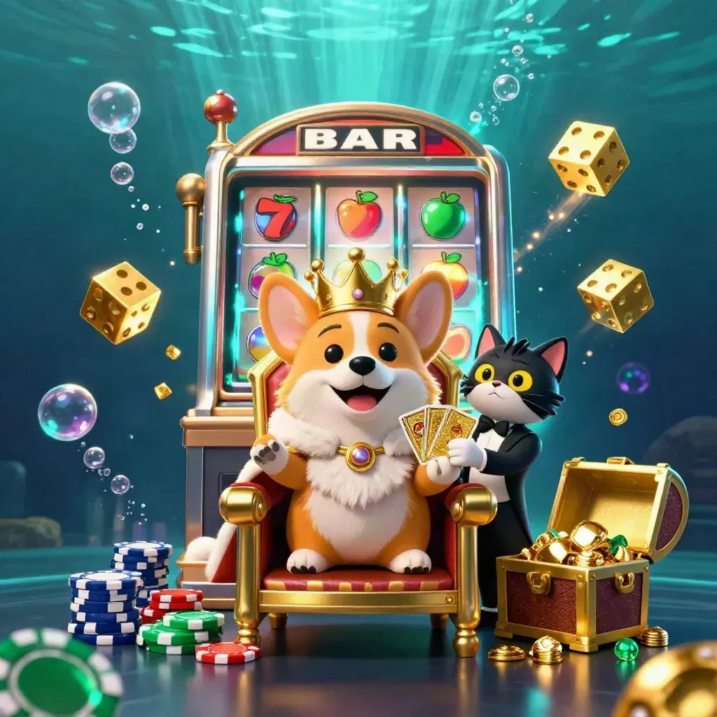 Royal corgi and cat butler amid casino gold bursts, underwater glow, chips, dice, and jackpot energy.
