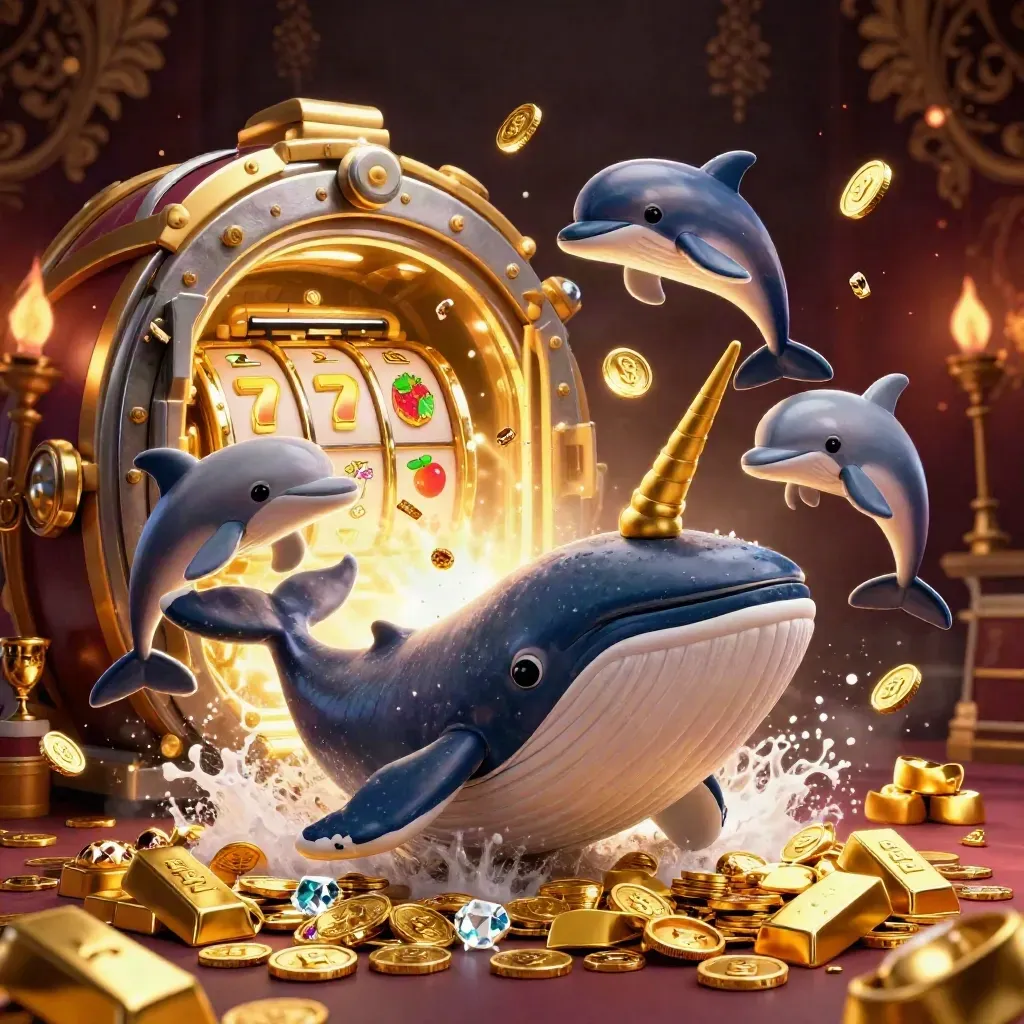 Whale captain, narwhal, and dolphins explode from coins amid gold vault light and emerald glow.