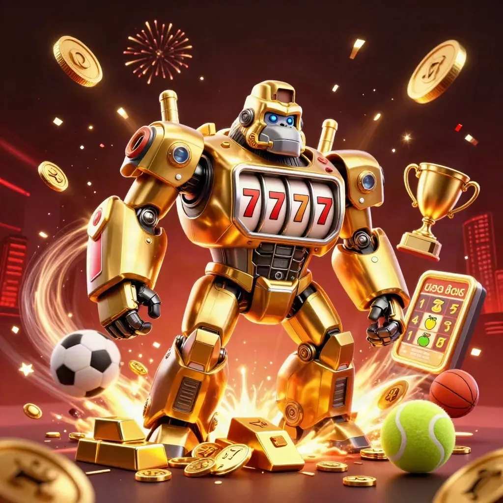 Golden gorilla mech vault explosion with coins, fireworks, sports balls, and a tiny monkey pilot.