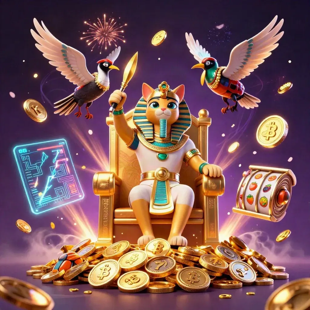 Pharaoh cat, ibis scribe and scarabs amid gold coins, neon crypto elements and fireworks.