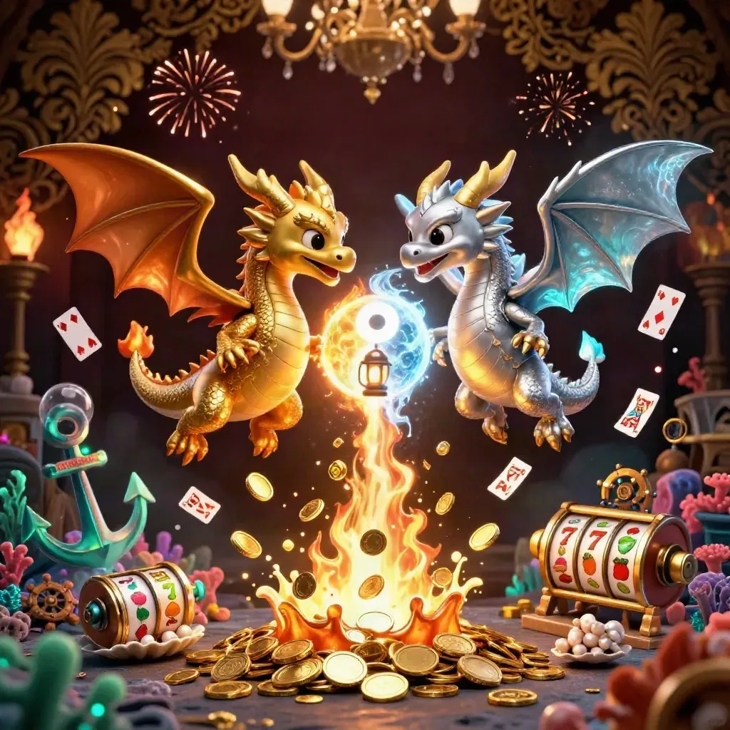 Twin gold and silver dragons orbit a lantern spirit amid coins, reels, coral, and treasure glow.
