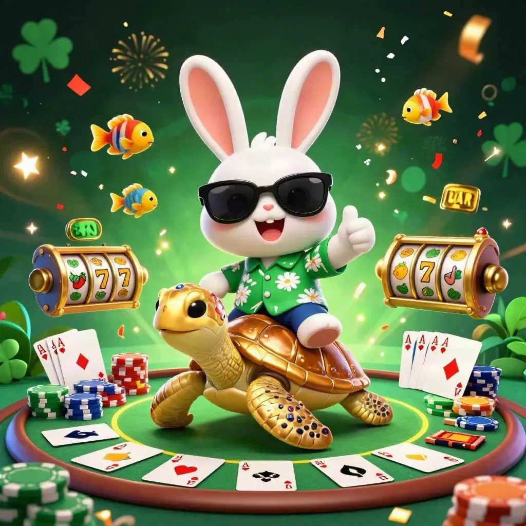 Lucky rabbit rides a golden sea turtle amid chips, cards, reels, confetti, and fireworks.
