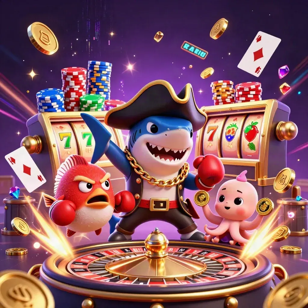 Pirate shark, boxing pufferfish, and coin-juggling octopus amid casino gold bursts.
