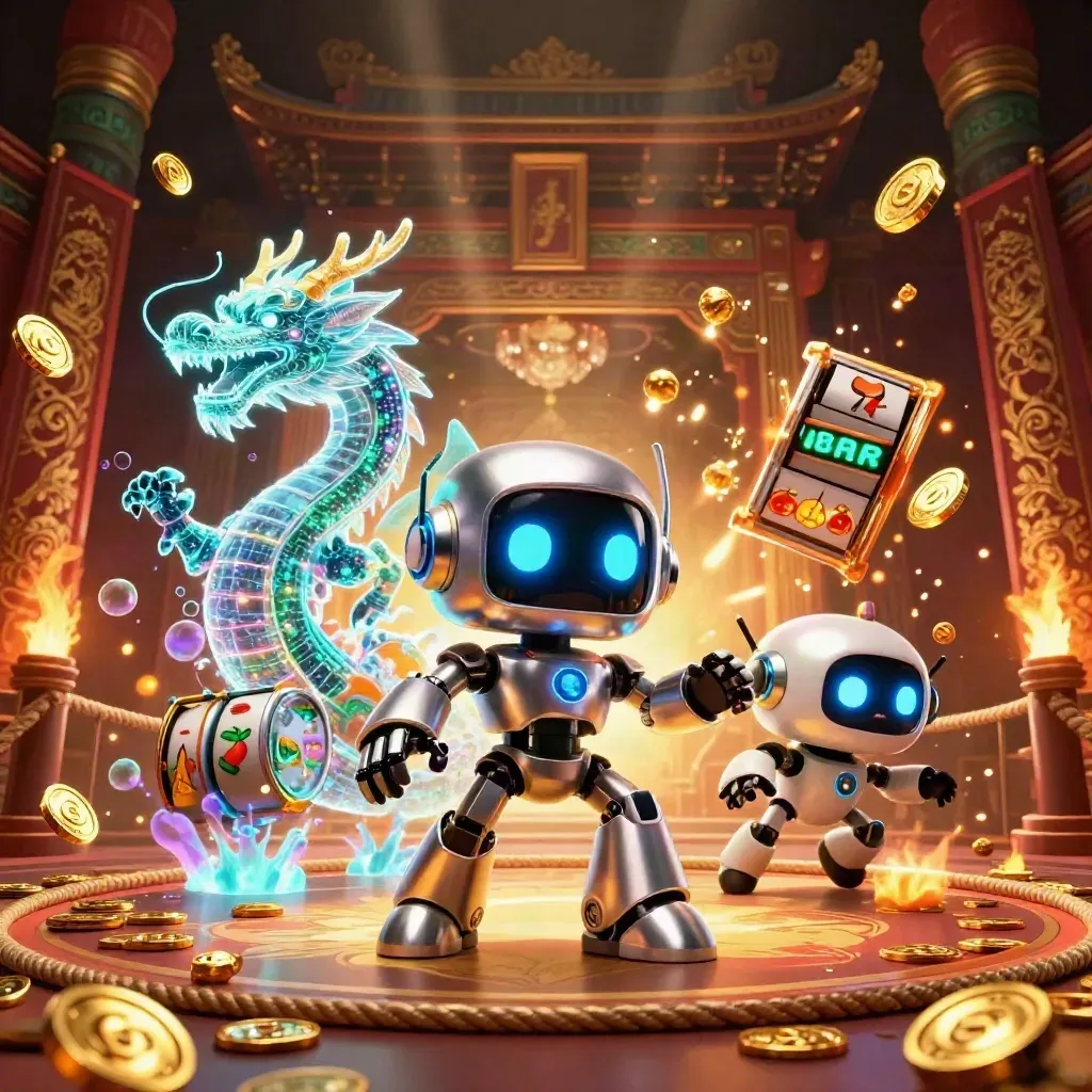 Chrome robot, holographic dragon and coin drone amid gold relics, temple gate, reels and casino glow.