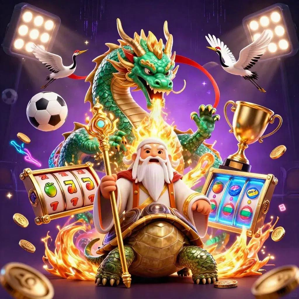 Emerald jade dragon with turtle sage and cranes amid casino gold, sports balls, coins, and neon effects.