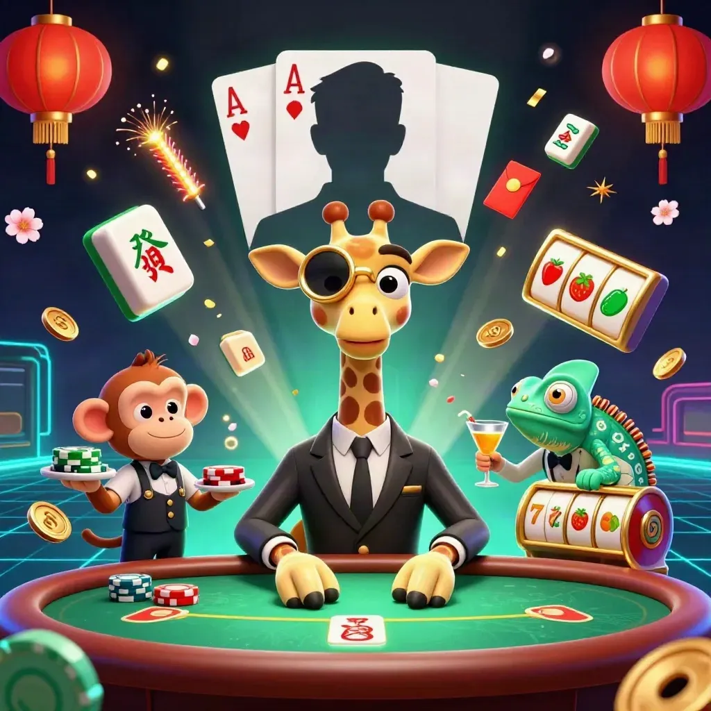 Three casino animals at a poker table amid gold coins, lanterns, reels, and neon glow.