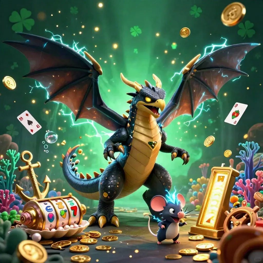 Thunder dragon, hawk, and mouse amid gold coins, coral, reels, and treasure in dark emerald glow