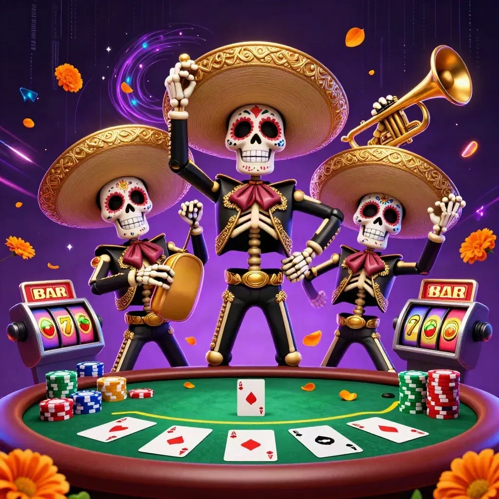 Skeleton mariachi trio amid poker chips, aces, slot reels and neon casino energy