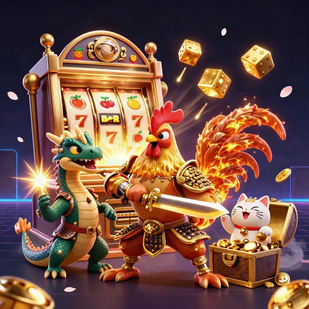 Rooster warrior, dragon hatchling and fortune-cat amid jackpot slot bursts in gold-lit chaos