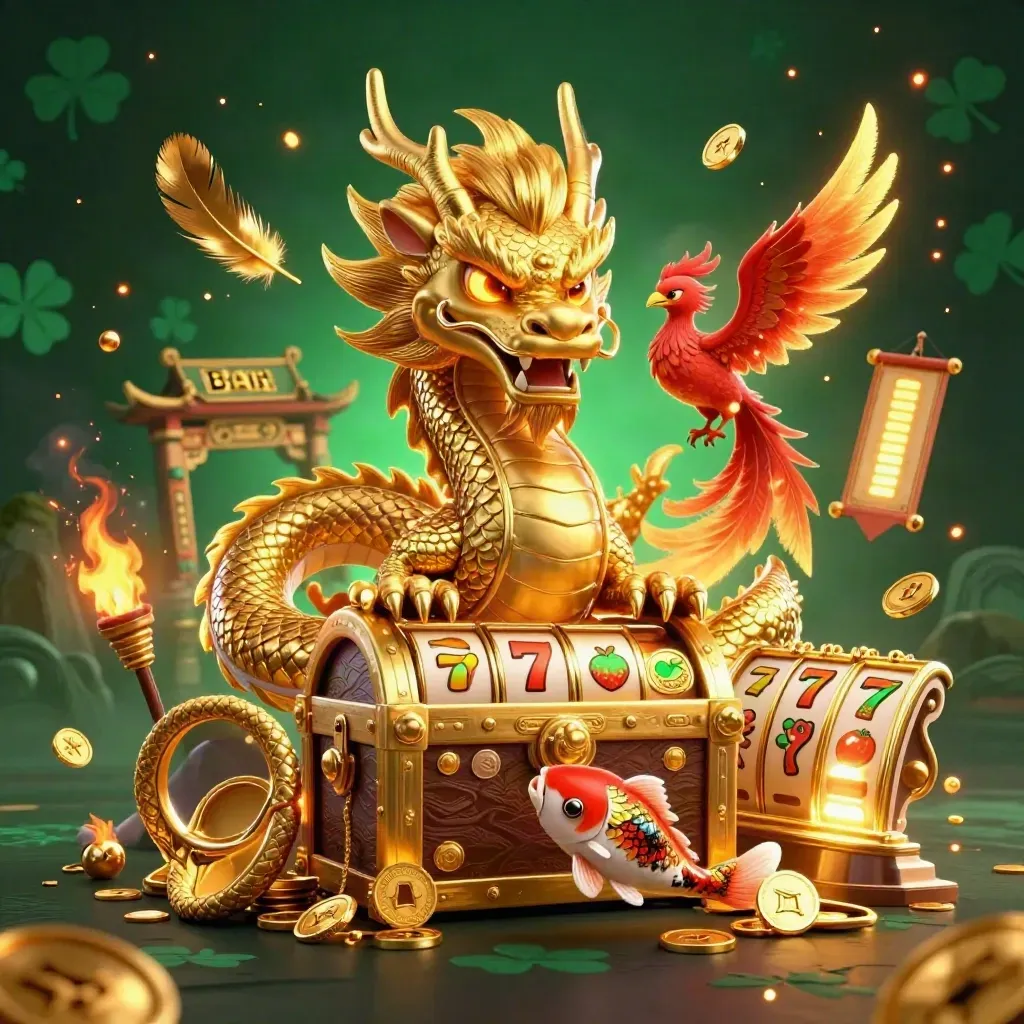 Golden dragon, phoenix, koi and casino treasures in a neon emerald AAA slot key art scene